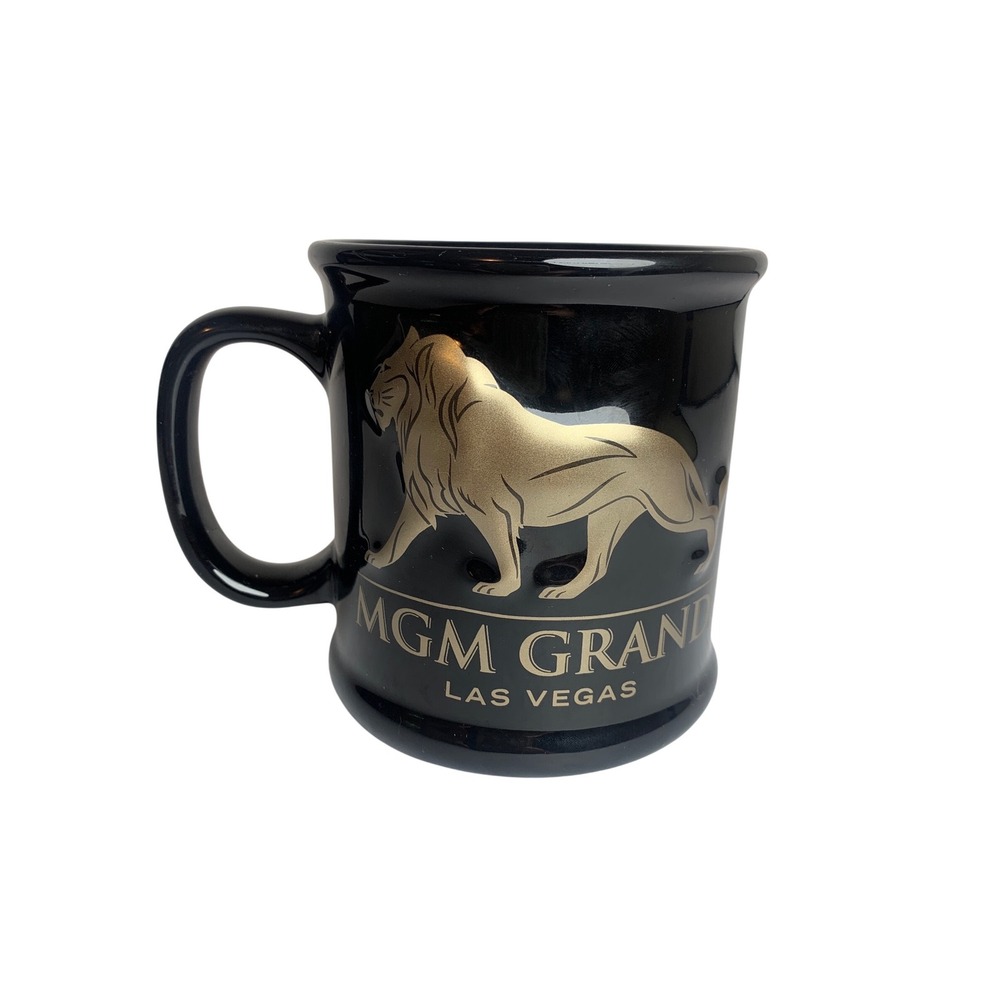 MGM Grand Las Vegas Coffee Mug Black Gold Embossed Lion‎ Logo Souvenir Cup